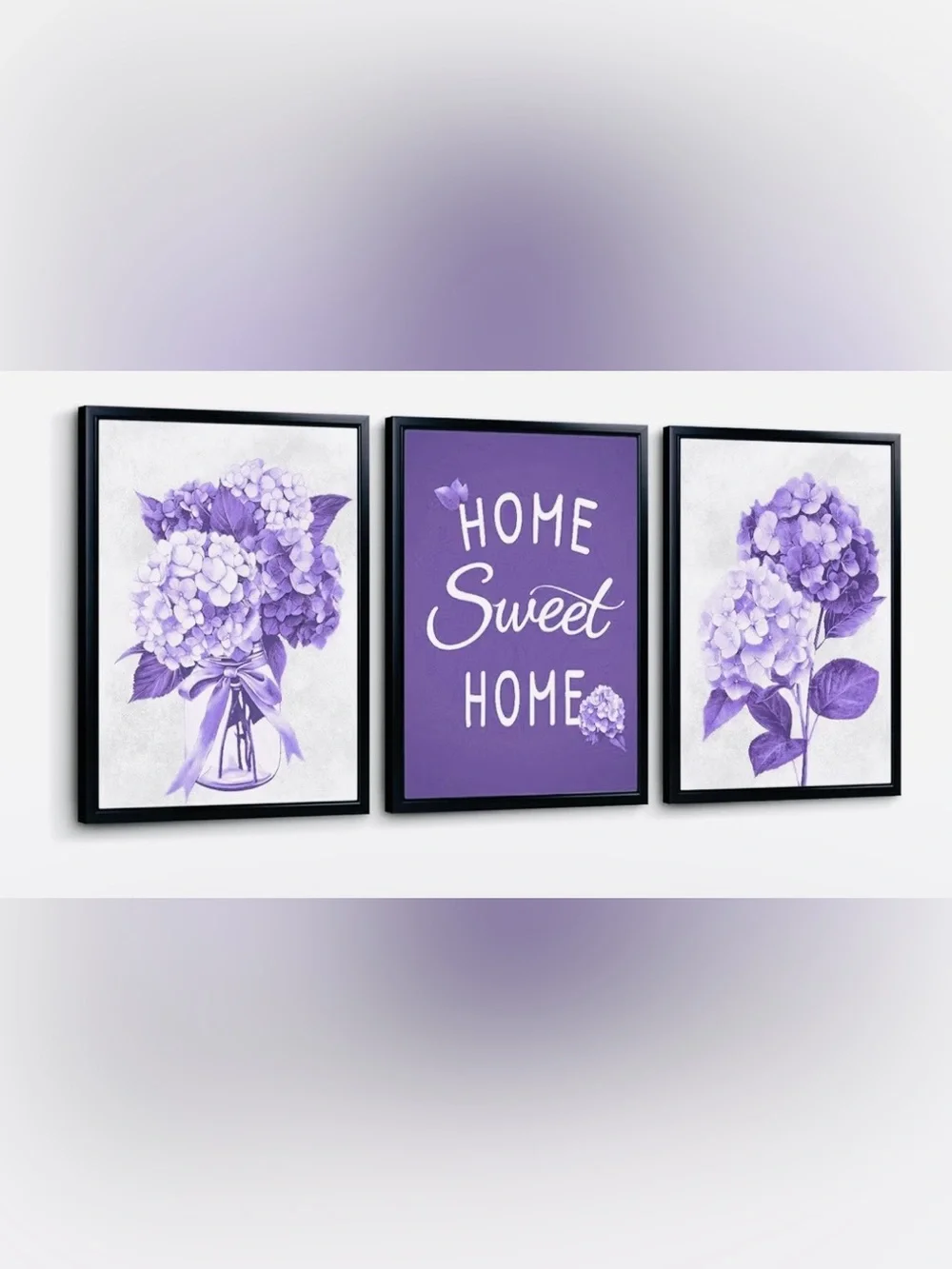 Purple Hydrangea Canvas Wall Art 3-Piece Set, Home Sweet Home Framed Picture NIB